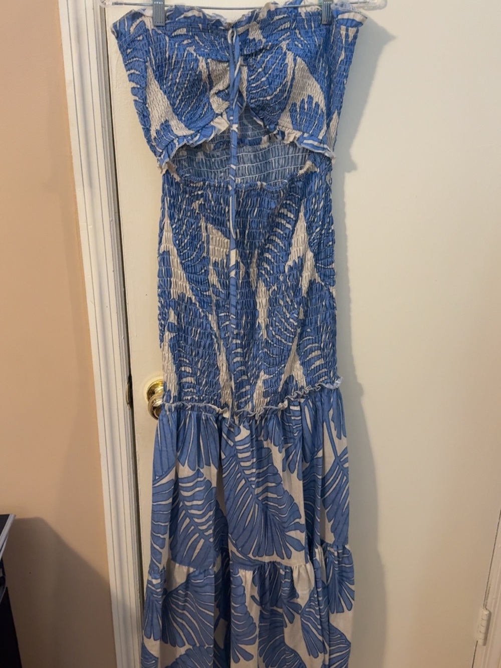 Blue and Cream Smocked Strapless Maxi Dress